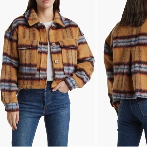 Vigoss M Brushed Plaid Crop Jacket Faux Fur Aztec Western Shacket Chest Pocket - Picture 16 of 16